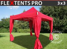 Tente pliante FleXtents PRO 3x3m Rouge, incl. 4 rideaux decoratifs