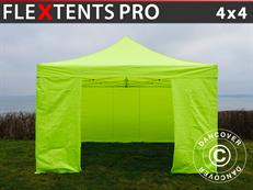 Tente pliante FleXtents PRO 4x4m Néon jaune/vert, avec 4 cotés