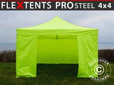 Tente pliante FleXtents PRO Steel 4x4m Néon jaune/vert, avec 4 cotés