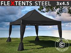 Pop up gazebo FleXtents Steel 3x4.5 m, Black, incl. 4 decorative curtains