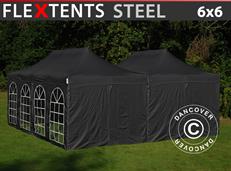 Faltzelt FleXtents Steel 6x6m Schwarz, inkl. 8 Seitenwände