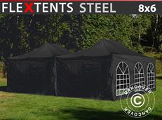Tente pliante FleXtents Steel 8x6m Noir, 8 parois latérales inclus