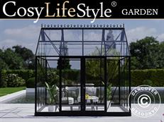 Orangerie, gewächshaus aus Glas 8,9m², 3,01x2,99x2,95m mit Sockel und Krone, Schwarz
