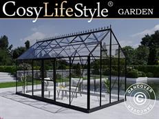 Orangerie, Gewächshaus aus Glas 13,3m², 4,45x2,99x2,95m mit Sockel und Krone, Schwarz