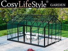 Orangerie, gewächshaus aus Glas 16,5m², 4,45x3,71x3,16m mit Sockel und Dach, Schwarz