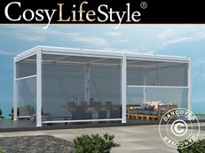 Gazebo pergola bioclimatica San Pablo Alu+, 3x5,8m con 6 pareti laterali, Bianco