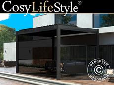 Gazebo pergola bioclimatico San Pablo Alu+, 4x4m, con 4 pareti laterali, Nero