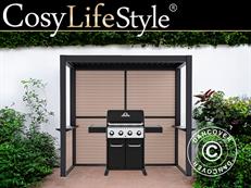 Pergola San Juan pour barbecue, avec parois et côtés à lames, 2,5x1,5x2,3m, Noir/Aspect bois