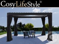 Bioklimatischer Pergola-Pavillon Monterey, 3x4m, mit Vorhängen und Moskitonetz, Schwarz