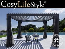 Bioklimatologisch pergola paviljoen Monterey, 4x4m, met gordijnen en klamboe, Zwart