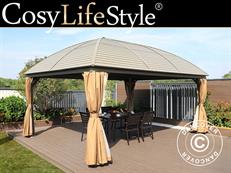 Tuinpaviljoen San Jose met gordijnen en klamboe, 3,6x5m, Messing/Beige