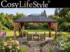 Gazebo da giardino Santa Clarita con tende, 3,6x4,6m, Effetto legno