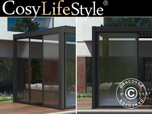 Sliding door set w/glass for pergola San Pablo, 3 m, Black