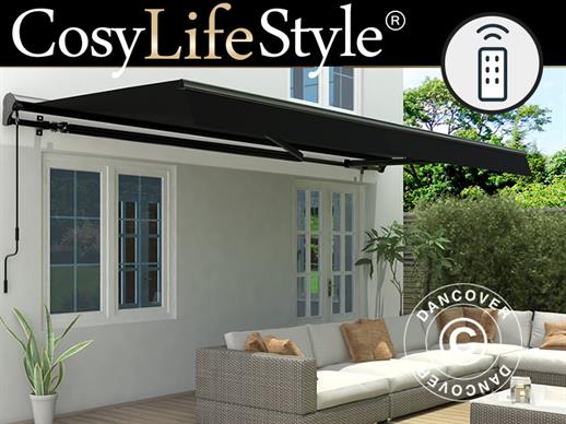 Awning w/Remote Control, 3.95x3 m, Black/Black Frame