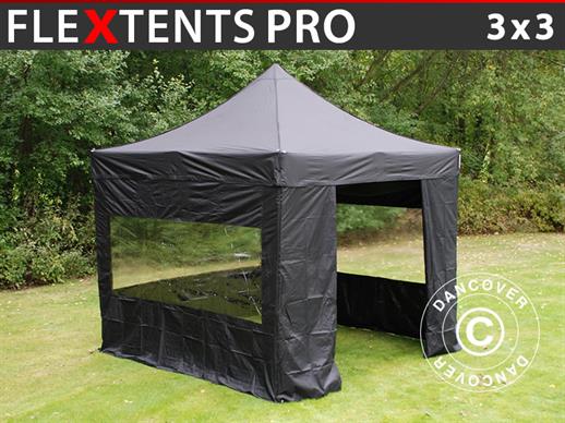 Vouwtent/Easy up tent FleXtents PRO 3x3m Zwart, inkl. 4 zijwande
