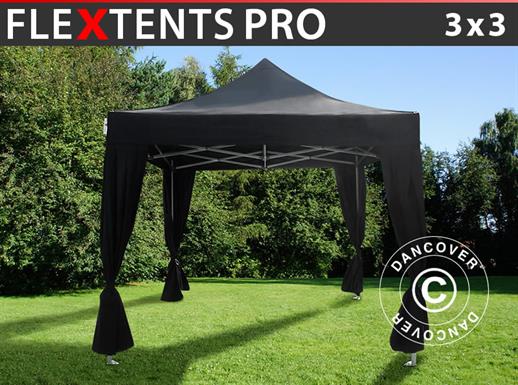 Tente pliante FleXtents PRO 3x3m Noir, incl. 4 rideaux decoratifs