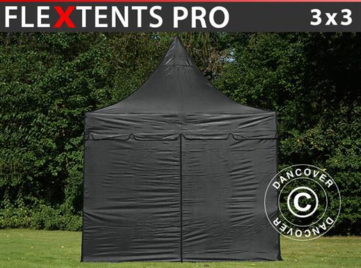 Faltzelt FleXtents PRO Peak Pagoda 3x3m Schwarz, mit 4 Seitenwänden