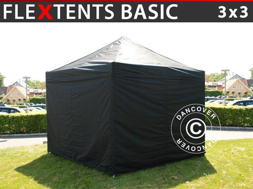 Tente pliante FleXtents Basic, 3x3m Noir, avec 4 cotés