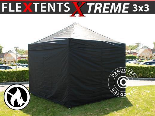 Faltzelt FleXtents Xtreme 50 3x3m Schwarz, Flammenhemmend, mit 4 Seitenwänden