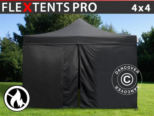 Vouwtent/Easy up tent FleXtents PRO 4x4m Zwart, Vlamvertragende, inkl. 4 zijwanden