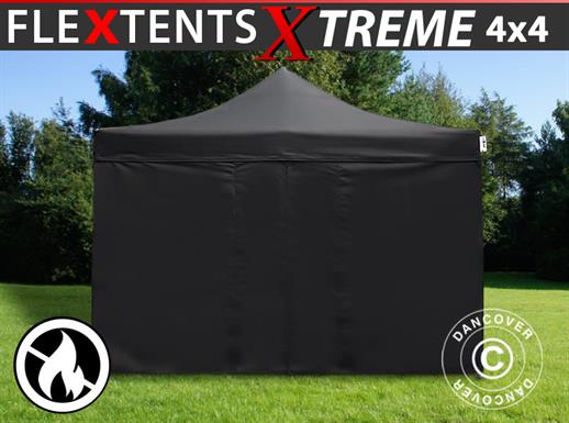 Vouwtent/Easy up tent FleXtent Xtreme 4x4m Zwart, Vlamvertragende, inkl. 4 Zijwanden