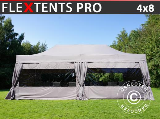 Tente Pliante FleXtents PRO 4x8m Latte, avec 6 cotés & rideaux décoratifs