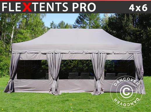 Vouwtent/Easy up tent FleXtents PRO "Peaked" 4x6m Latte, inkl. 8 zijwanden & decoratieve gordijnen