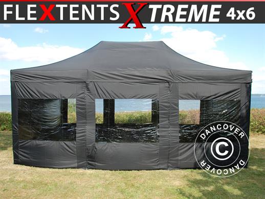 Faltzelt FleXtents Xtreme 50 4x6m Schwarz, mit 8 Seitenwänden