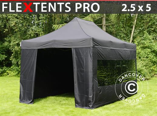 Vouwtent/Easy up tent FleXtents PRO 2,5x5m Zwart, inkl. 6 Zijwanden