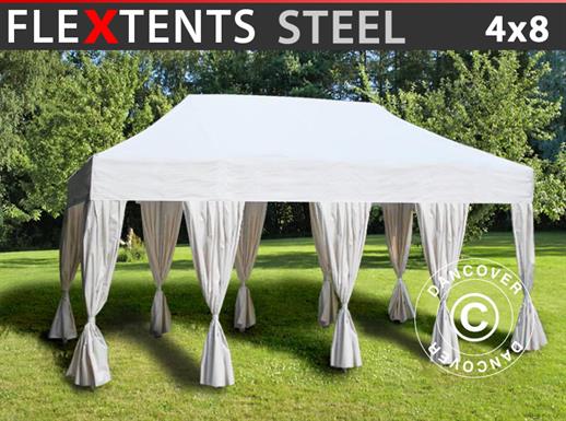 Tente Pliante FleXtents Steel 4x8m Blanc, avec 10 rideaux décoratifs