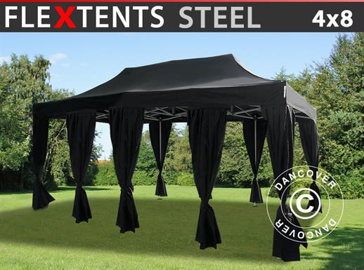 Tente pliante FleXtents Steel 4x8m Noir, incl. 10 rideaux decoratifs
