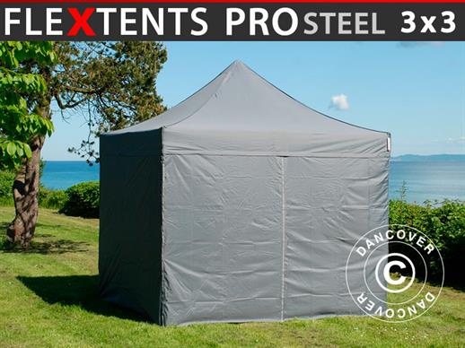 Faltzelt FleXtents PRO Steel 3x3m Grau, mit 4 Seitenwänden