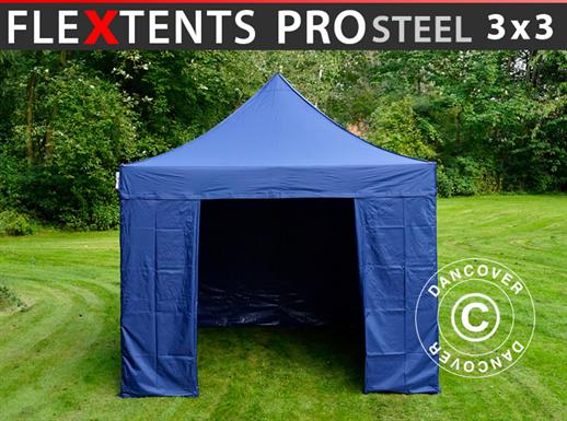 Tente pliante FleXtents PRO Steel 3x3m Bleu foncé, avec 4 cotés
