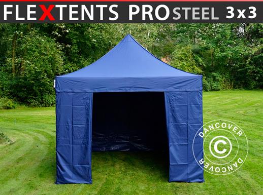 Tenda Dobrável FleXtents PRO Steel 3x3m Azul escuro, incl. 4 paredes laterais