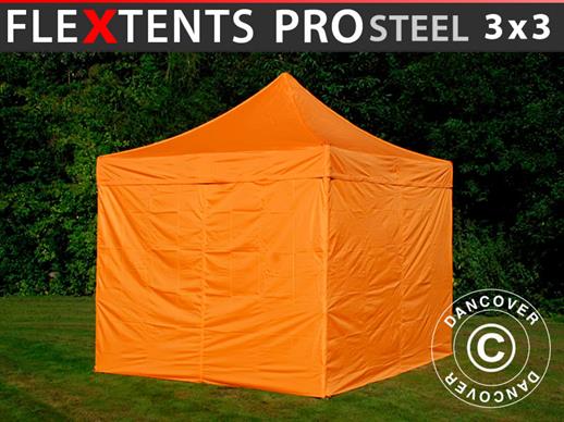 Faltzelt FleXtents PRO Steel 3x3m Orange, mit 4 Seitenwänden