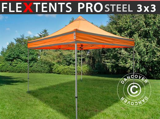 Faltzelt FleXtents PRO Steel Arbeitszelt 3x3m Orange mit Reflektorbändern
