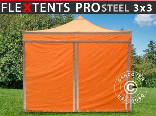Foldetelt FleXtents PRO Steel Arbejdstelt 3x3m Orange m/refleksbånd, inkl. 4 sider