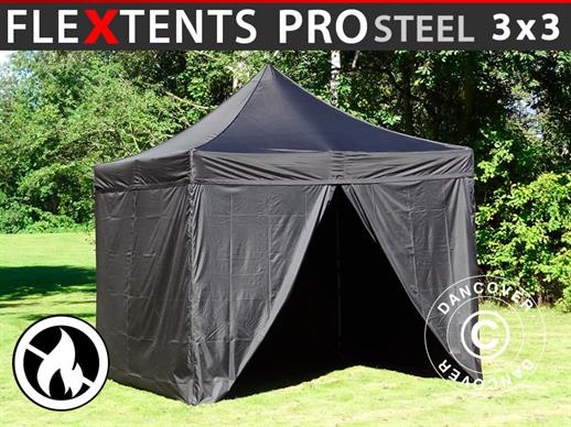 Vouwtent/Easy up tent FleXtents PRO Steel 3x3m Zwart, Vlamvertragende, inkl. 4 zijwanden