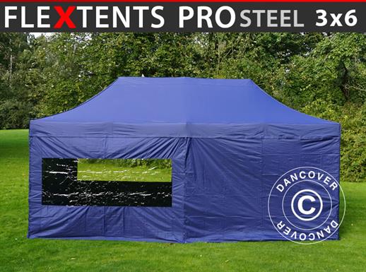 Faltzelt FleXtents PRO Steel 3x6m Dunkeblau, mit 6 Seitenwänden