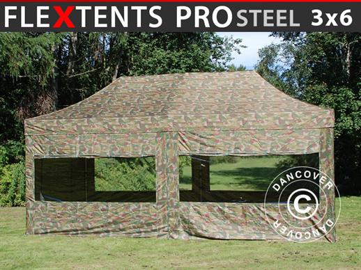 Vouwtent/Easy up tent FleXtents PRO Steel 3x6m Camouflage/Militair, inkl. 6 Zijwanden