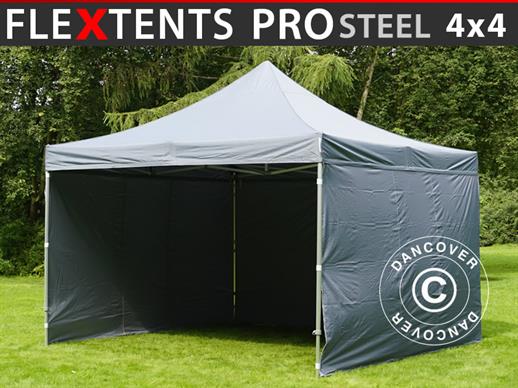 Tente pliante FleXtents PRO Steel 4x4m Gris, avec 4 cotés