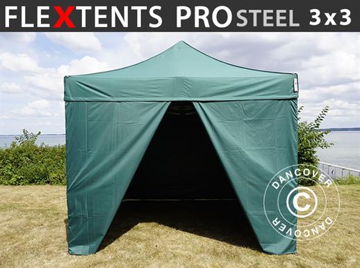 Faltzelt FleXtents PRO Steel 3x3m Grün, mit 4 Seitenwänden