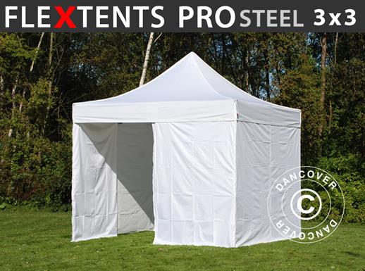 Vouwtent/Easy up tent FleXtents PRO Steel 3x3m Wit, inkl. 4 Zijwanden