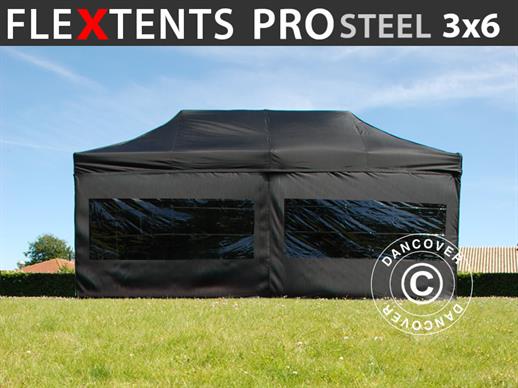 Foldetelt FleXtents PRO Steel 3x6m Sort, inkl. 6 sider