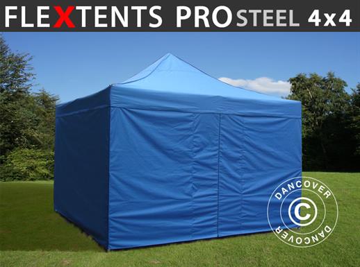 Quick-up telt FleXtents PRO Steel 4x4m Blå, inkl. 4 sider