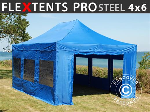 Quick-up telt FleXtents PRO Steel 4x6m Blå, inkl. 8 sider
