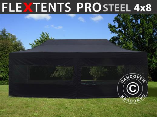 Vouwtent/Easy up tent FleXtents PRO Steel 4x8m Zwart, inkl. 6 Zijwanden