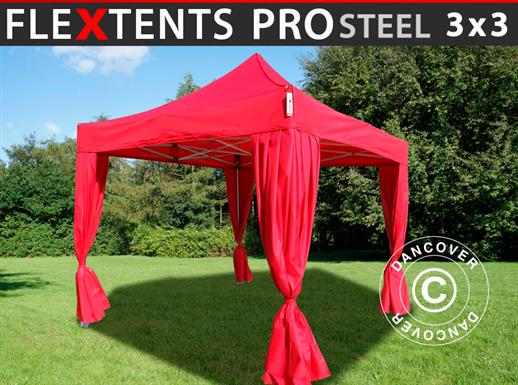 Gazebo pieghevole FleXtents PRO Steel 3x3m Rosso, incl. 4 tendaggi decorativi