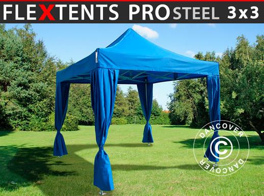 Gazebo pieghevole FleXtents PRO Steel 3x3m Blu, incl. 4 tendaggi decorativi