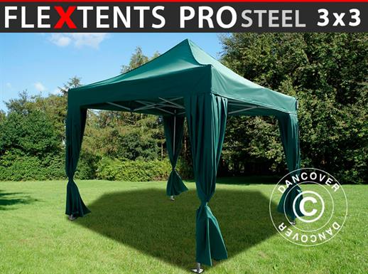 Carpa plegable FleXtents PRO Steel 3x3m Verde, Incl. 4 cortinas decorativas